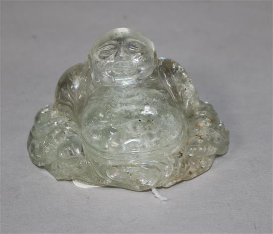 A 19th century Chinese carved rock crystal figure of a seated Laughing Buddha, W 7.5cm